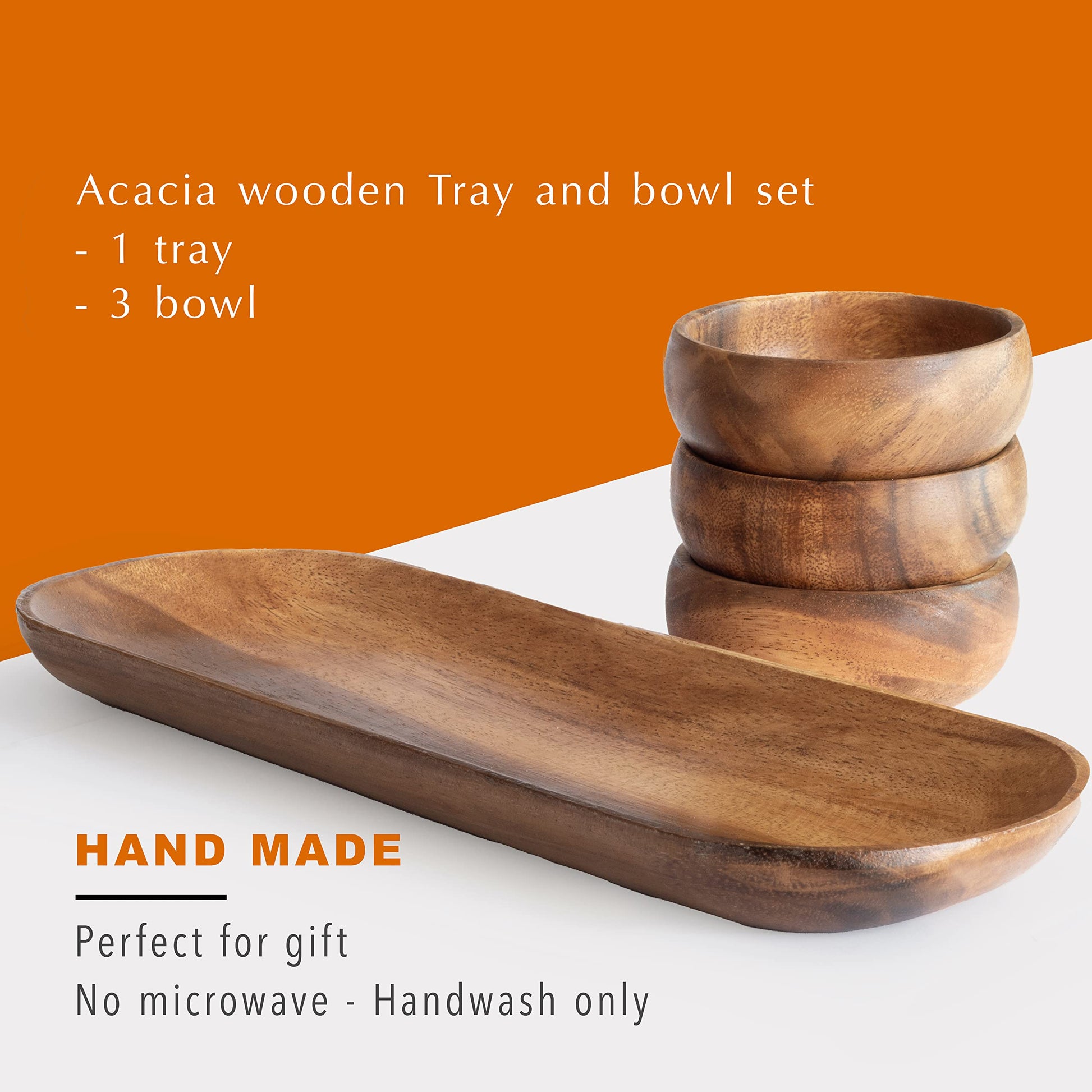 cintika Hand-Carved Set of 4 Acacia Calabash Bowls with Baguette Tray. Durable Wooden Bowl Set. Snack, nut, dip bowl. - Wooden Dinnerware set. 4" - WoodArtSupply