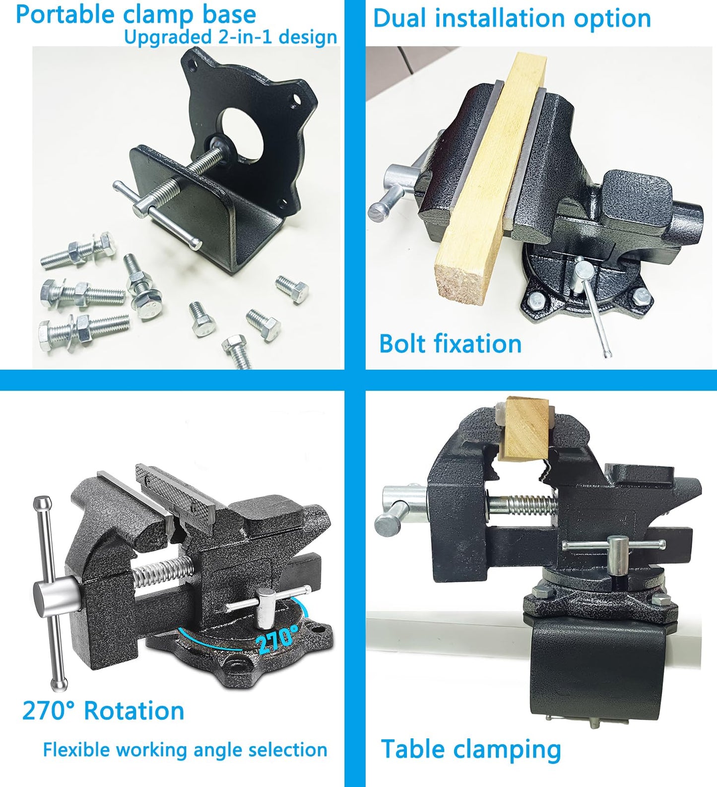 MYTEC 2-In-1 Bench Vise Heavy Duty for Workbench, 6.0" black, Upgraded Multi-Purpose Table Vice, Universal Rotate 270°Work Clamp-On Vise - WoodArtSupply