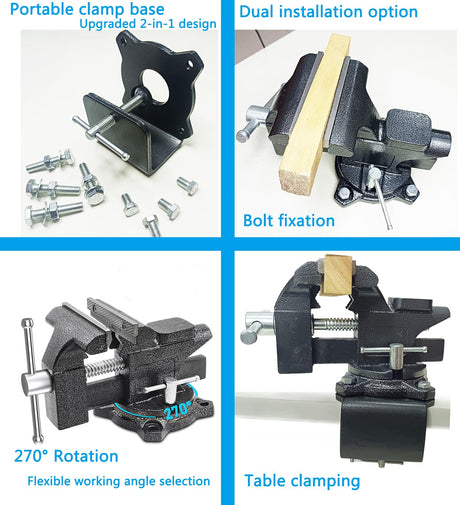MYTEC 2-In-1 Bench Vise Heavy Duty for Workbench, 6.0" black, Upgraded Multi-Purpose Table Vice, Universal Rotate 270°Work Clamp-On Vise MYTEC