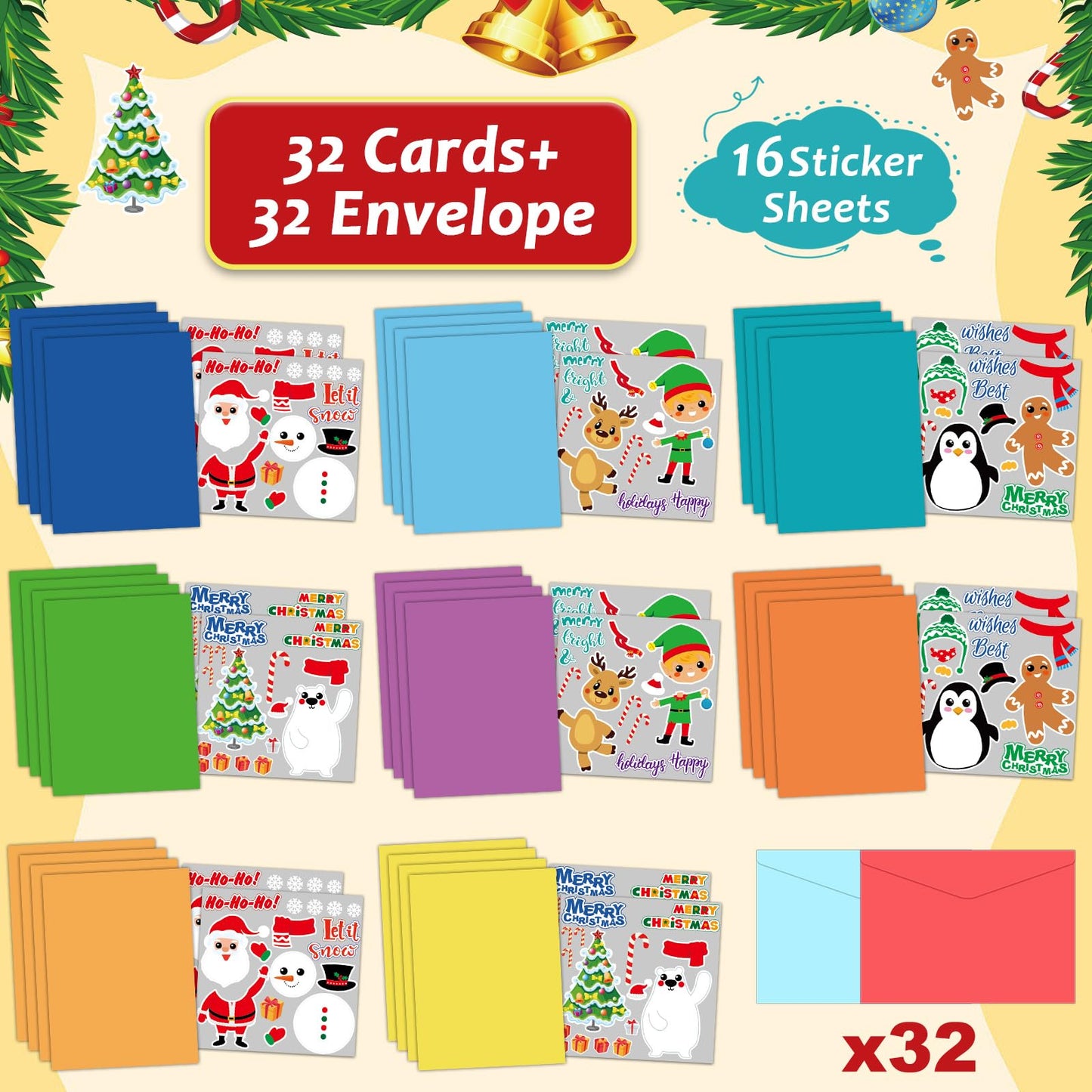 Qyeahkj 32pcs Christmas Card Making Crafts Kits for Kids, DIY Paper Greeting Card Envelopes Handmade Craft for Girls Boys Families Home Classroom