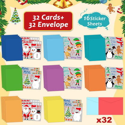 Qyeahkj 32pcs Christmas Card Making Crafts Kits for Kids, DIY Paper Greeting Card Envelopes Handmade Craft for Girls Boys Families Home Classroom