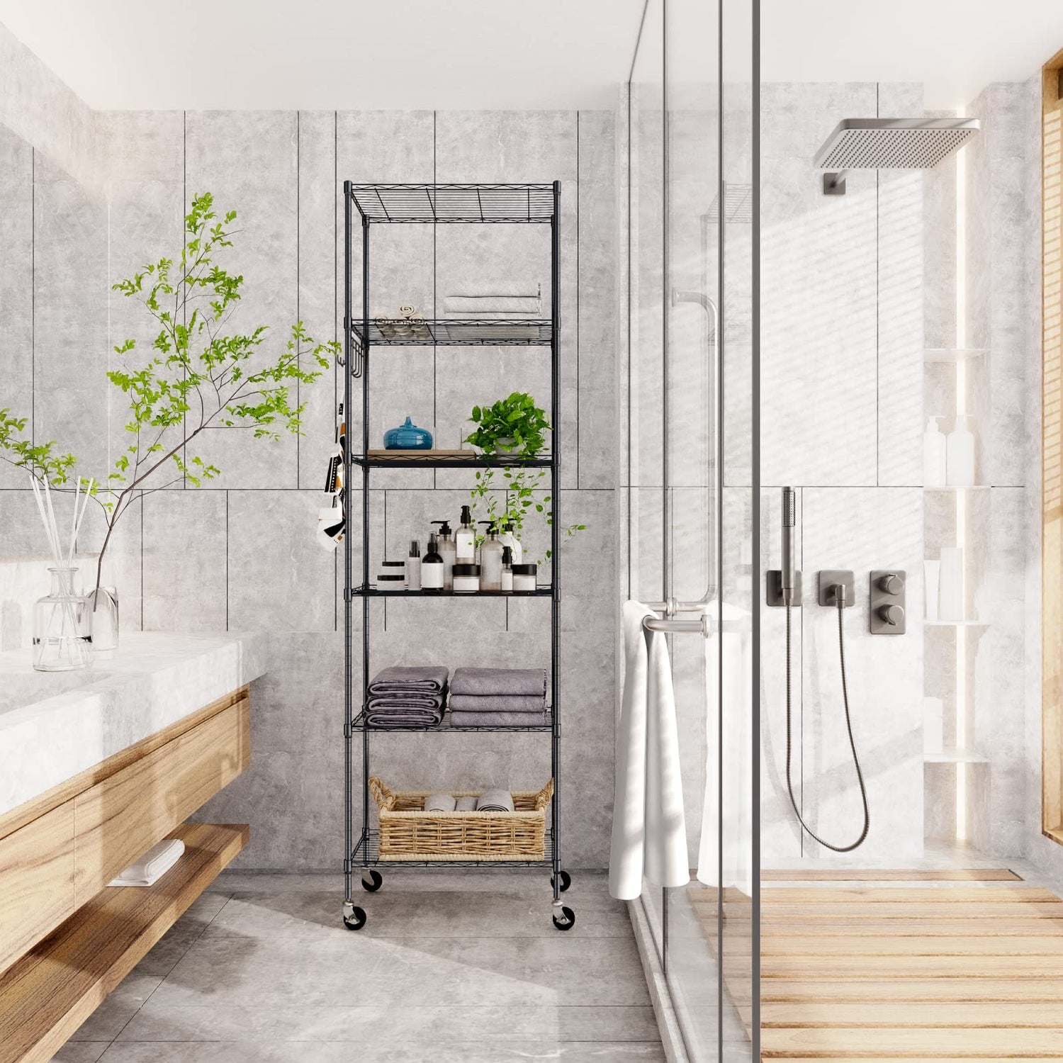 Homdox 6-Tier Storage Shelf Wire Shelving Unit Free Standing Rack Organization with Caster Wheels, Stainless Side Hooks, Black Homdox