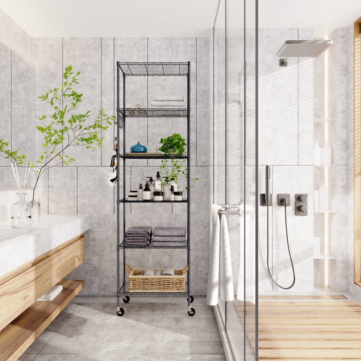 Homdox 6-Tier Storage Shelf Wire Shelving Unit Free Standing Rack Organization with Caster Wheels, Stainless Side Hooks, Black Homdox