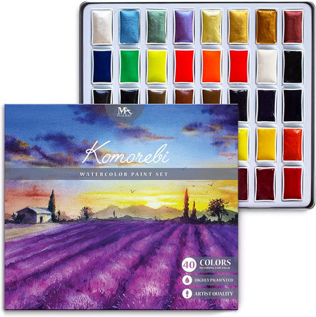 Mozart Premium Japanese Watercolor Paint Set – 40 Rich Water Color –Include Solid, Metallic & Neon Water Colors – Artist Quality– Watercolor Paint MozArt Supplies