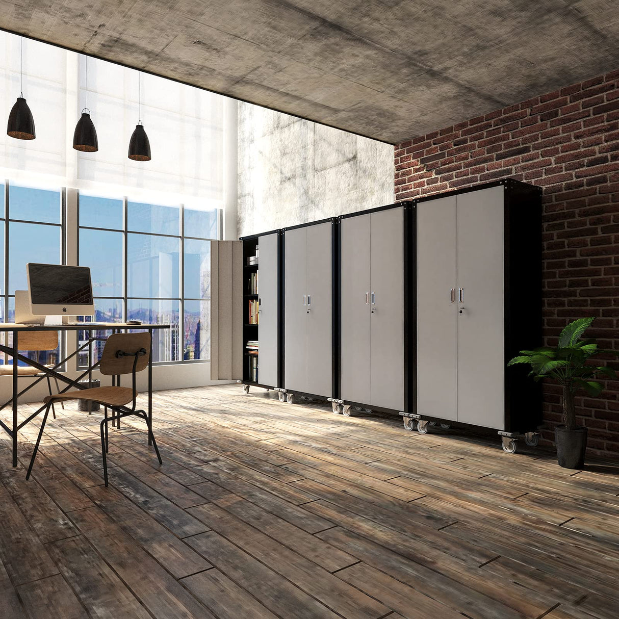 VINGLI 72'' Tall Garage Storage Cabinet, Metal Storage Cabinet with Wheels, Locking Doors and Adjustable Shelves (Black & Silver, 32''W x 16''D x VINGLI