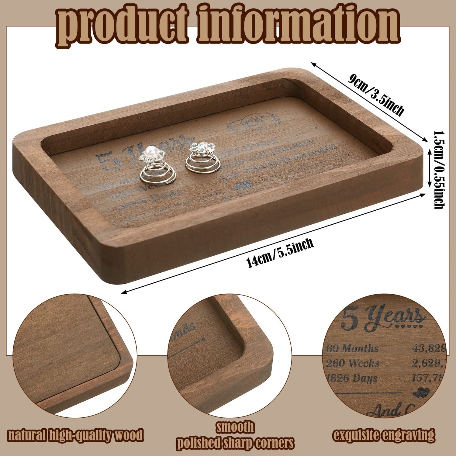 Gerrii Anniversary Wood Gift Rectangle Engraved Tray Wedding Anniversary Wood Gifts for Him Husband Wife Trinket Dish Solid Wood Jewelry Display Tray Gerrii