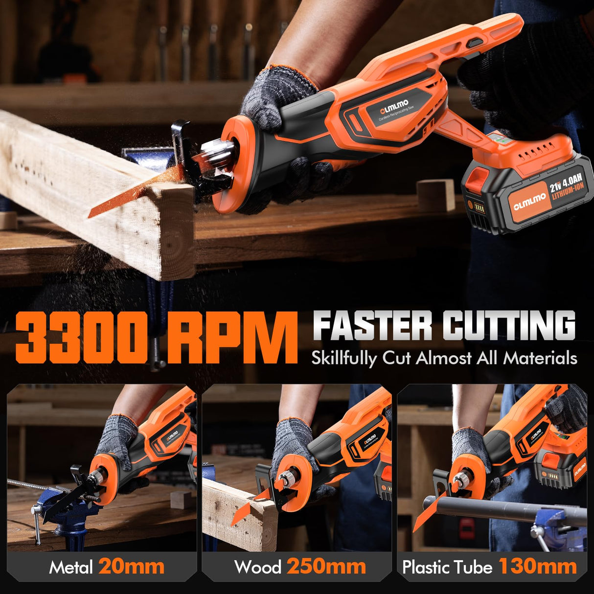 Reciprocating Saw Cordless, Brushless Cordless Reciprocating Saw with 21V 8000mAh Battery, 3000SPM 28mm Reciprocating Stroke, 8 Saw Tool-Free Blade olmlmo