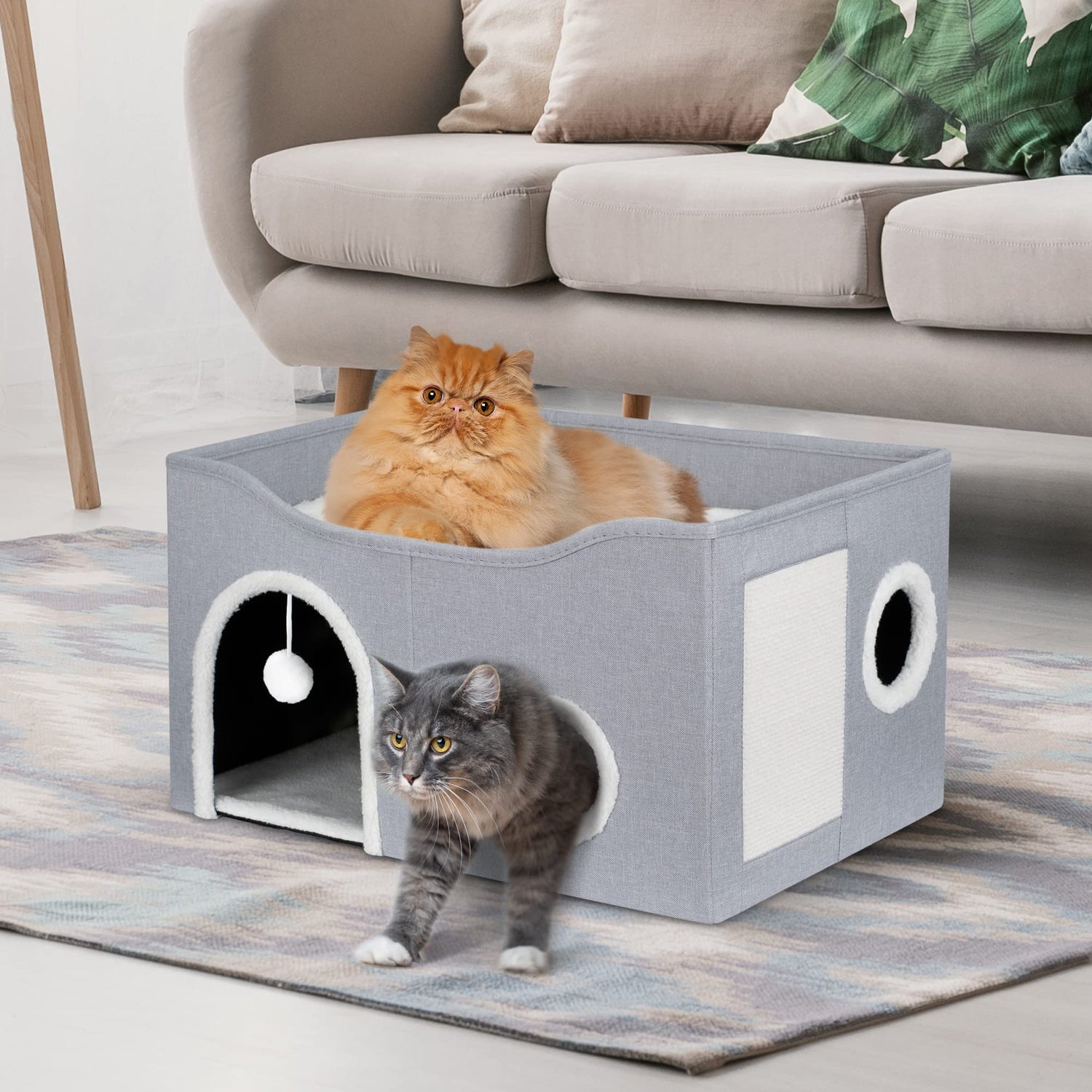 Heeyoo Cat House for Indoor Cats - Large Cat Bed Cave with Fluffy Ball and Scratch Pad, Foldable Cat Condos, Cat Cubes, Cat Hideaway, Covered Cat Bed Heeyoo