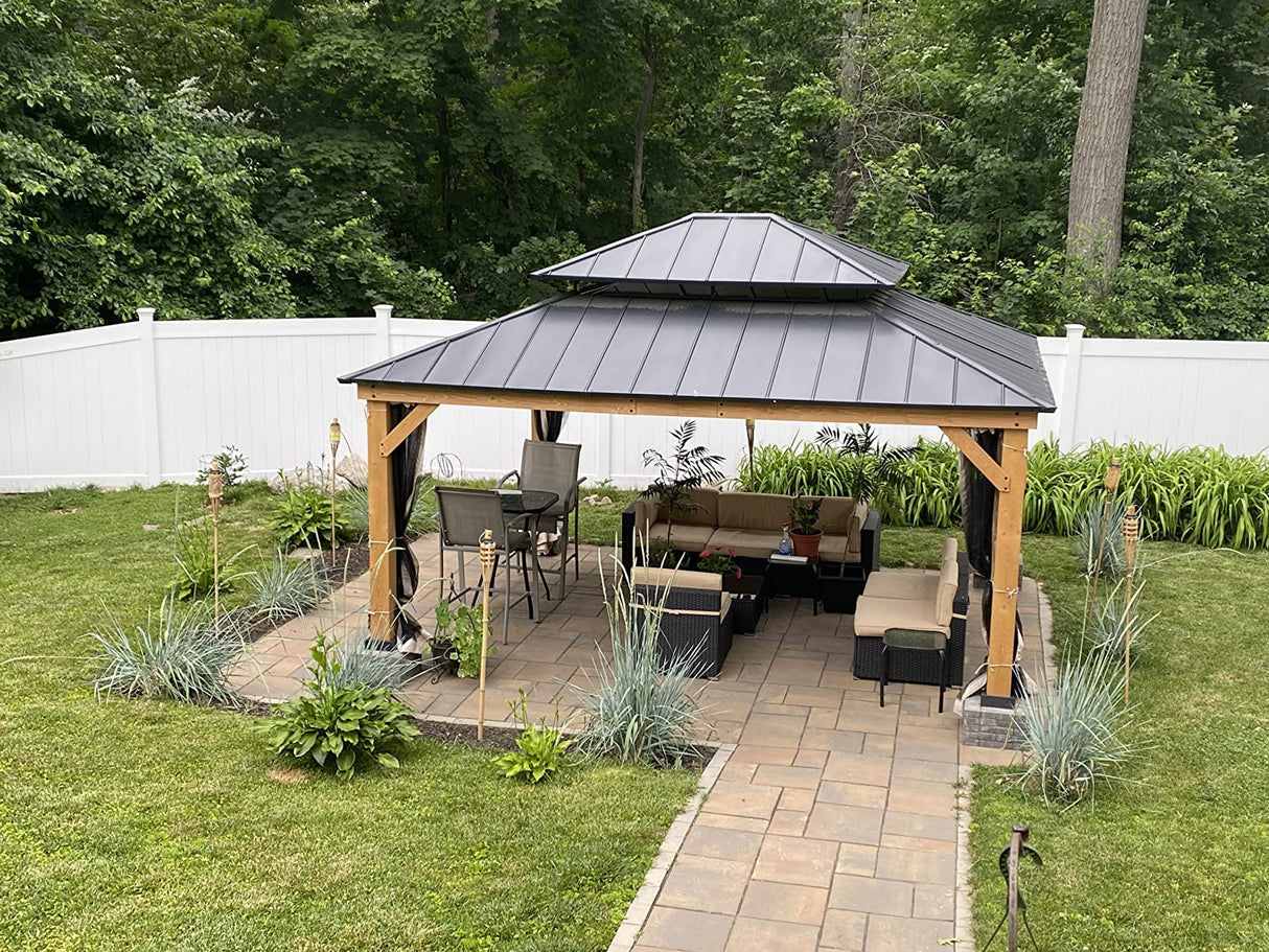 YOLENY 13' x 15' Wood Gazebo, Spruce Frame Outdoor Hardtop Gazebo with Metal Roof, Privacy Curtains and Nettings for Patio, Garden, Backyard YOLENY