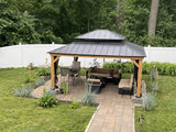YOLENY 13' x 15' Wood Gazebo, Spruce Frame Outdoor Hardtop Gazebo with Metal Roof, Privacy Curtains and Nettings for Patio, Garden, Backyard YOLENY