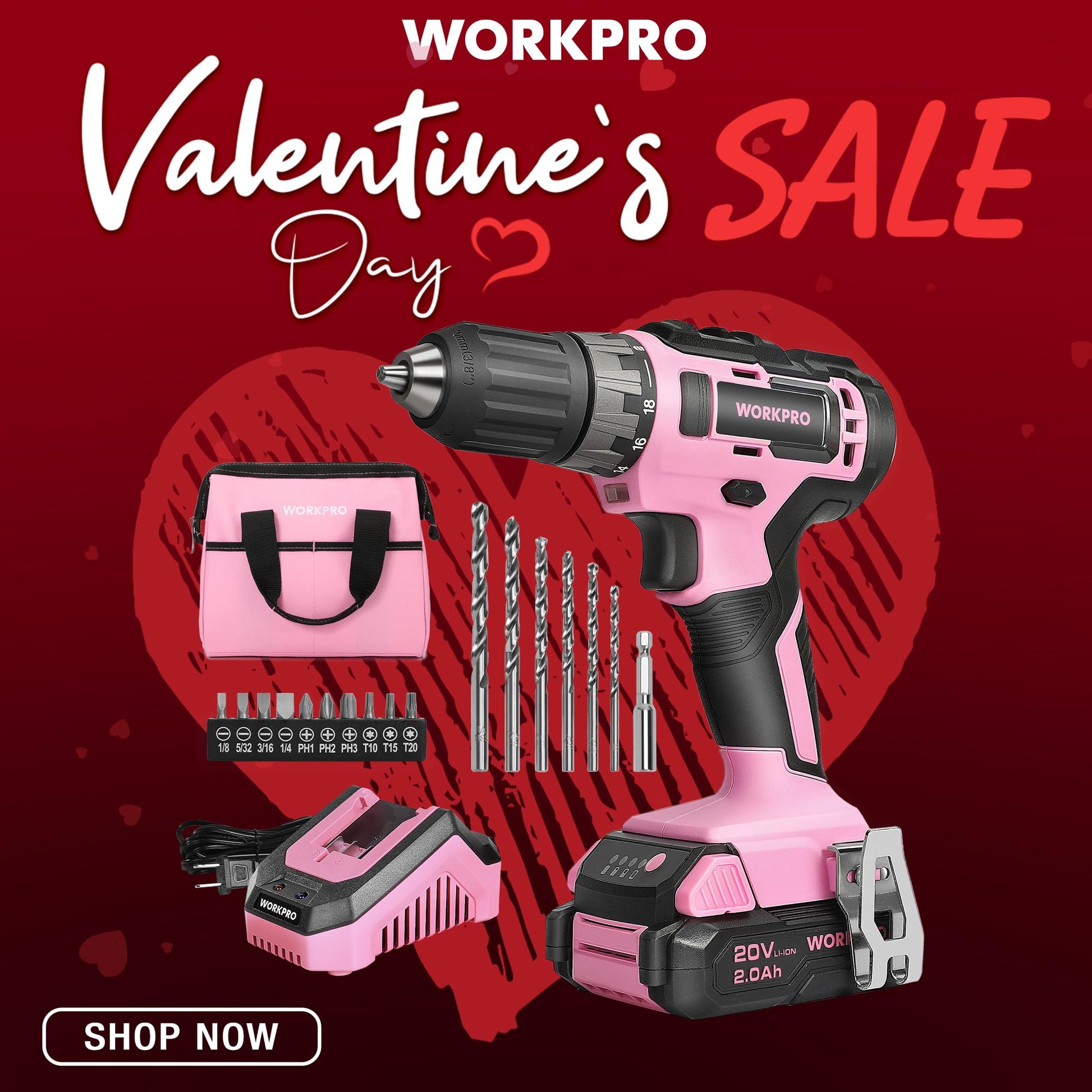 WORKPRO 20V Pink Cordless Drill Driver Set, 3/8” Keyless Chuck, 2.0 Ah Li-ion Battery, 1 Hour Fast Charger and 11-inch Storage Bag Included - Pink - WoodArtSupply