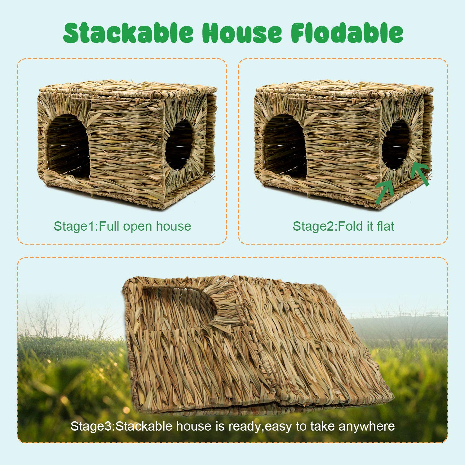BWOGUE Extra Large Grass House for Rabbits,Hand Crafted Natural Grass Hideaway Foldable Bed Hut with Openings Playhouse for Bunny Guinea Pig BWOGUE