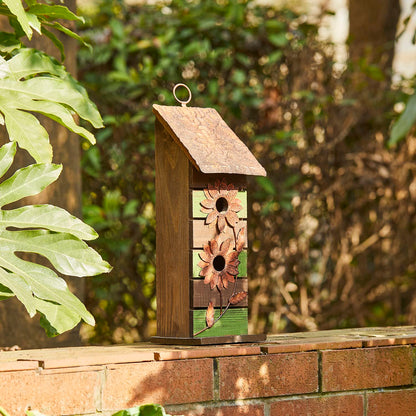 Glitzhome 14.5" H Wooden Garden Bird House Hanging Two-Tiered Distressed with Flowers Decorative Birdhouse - WoodArtSupply