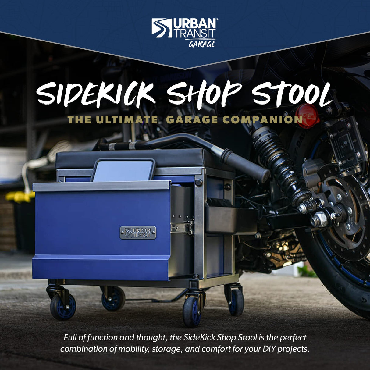 URBANTRANSIT Sidekick Heavy Duty Shop Stool - 500 Lb Capacity Rolling Stool for the Garage and Workshop with Toolbox Storage and 360 Degree Swivel URBANTRANSIT