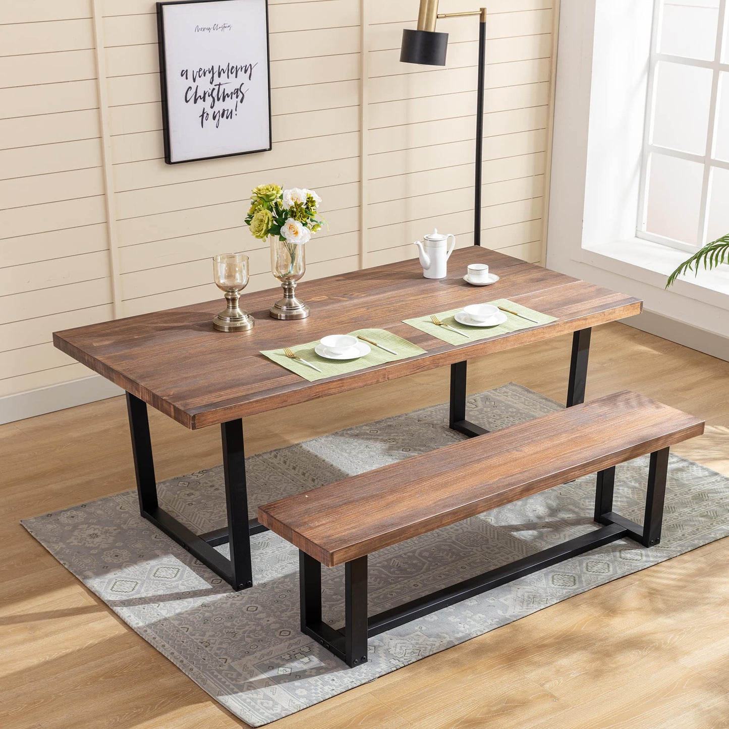 St.Mandyu 72" Solid Wood Dining Table for 8-10 Person, Modern Farmhouse Kitchen Table with Metal Frame, Sturdy Breakfast Table for Living/Dining - WoodArtSupply