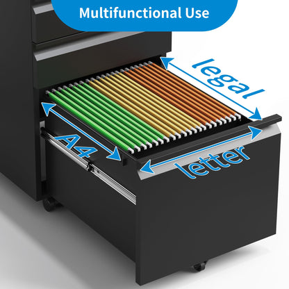EKJ 3 Drawer Mobile File Cabinet, Black Metal Under Desk Filing Cabinets with Wheels, Locking Slim Vertical File Cabinet for Home Office, Fully - WoodArtSupply