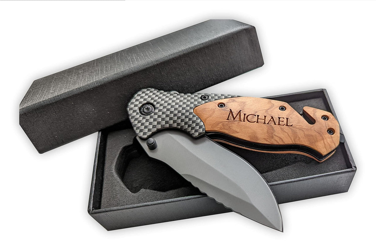 Personalized Engraved Olive Wood Handle Pocket Knife With Gift Box MRC Wood Products