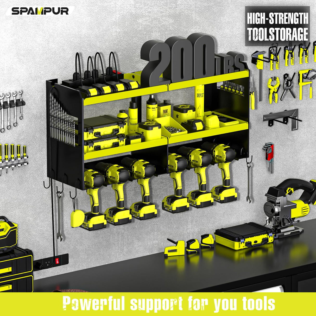 Spampur Power Tool Organizer Wall Mount with Charging Station, Tool Shelf 6 Drill Holders, Heavy Duty Metal Premium Garage Utility Rack, Cordless Spampur