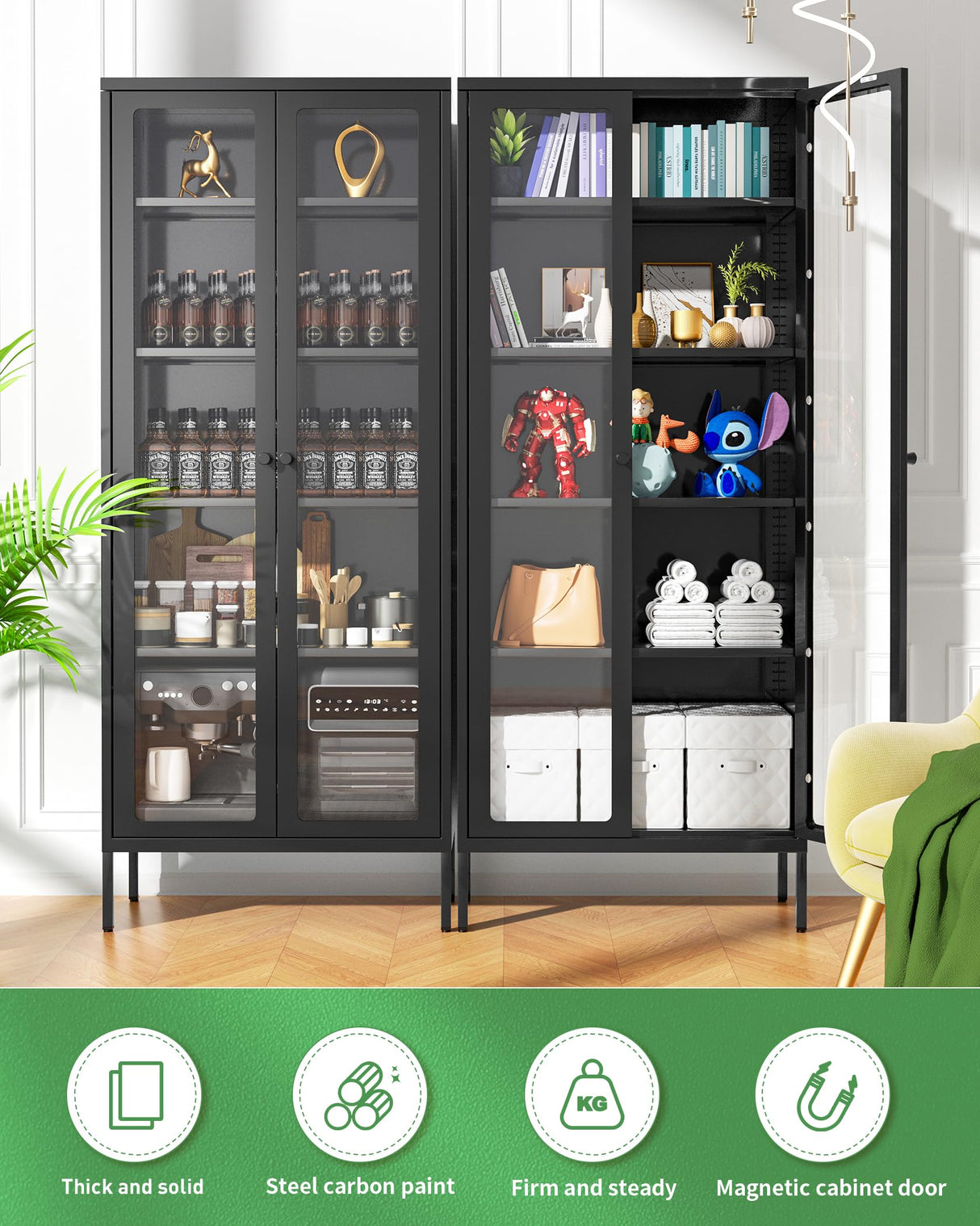 Greenvelly Black Metal Display Curio Cabinet with Glass Doors and 4 Adjustable Shelves Greenvelly