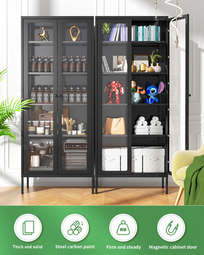 Greenvelly Metal Storage Cabinet, Black Display Curio Glass Storage Cabinet with Glass Doors and 4 Shelves, Tall Bookcase Modern Bookshelf Cabinet