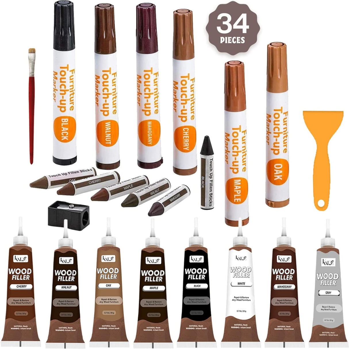 Katzco Furniture Repair Kit Wood Markers - Set of 34 - Markers and Wax Sticks with Sharpener - for Stains, Scratches, Floors, Tables, Desks, Katzco