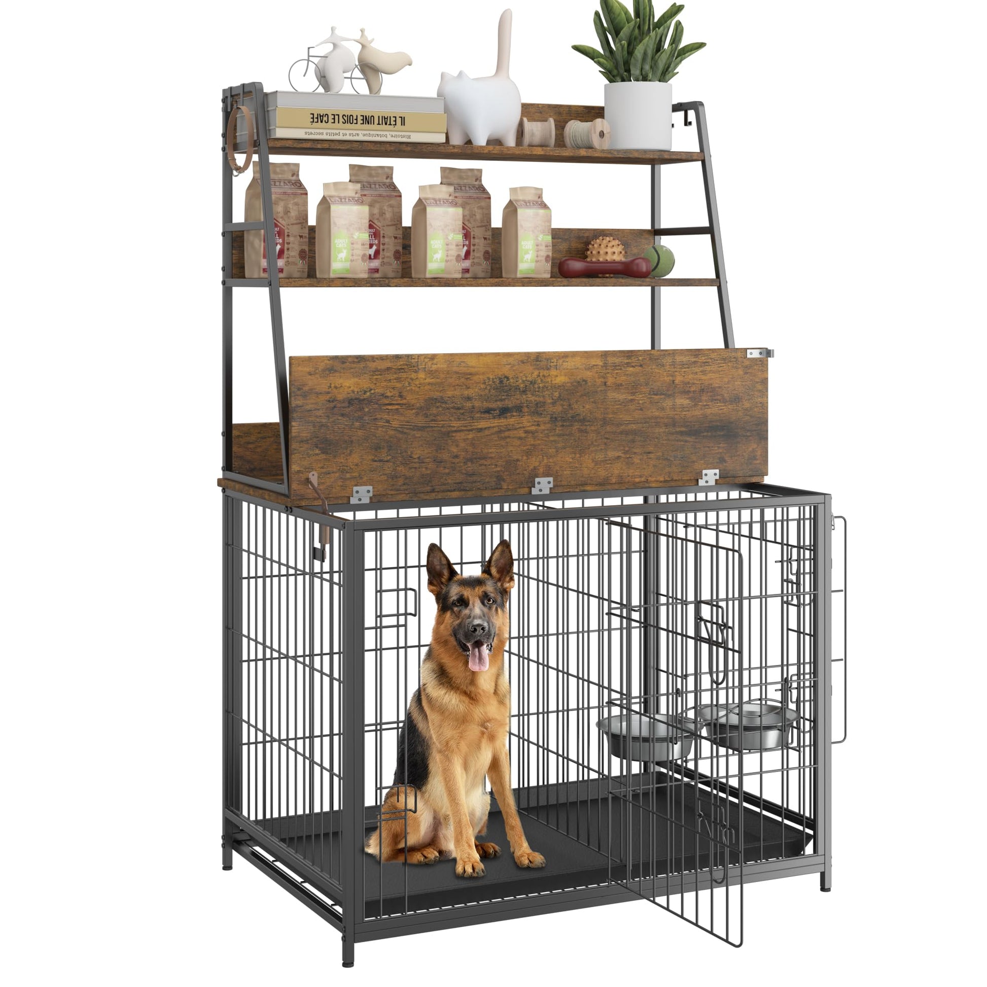 GAOMON Wooden Dog Crate Furniture with Storage Shelves,Dog Kennel Indoor with Removable Tray,Double Doors Modern Dog Crate, Dog House with Two - WoodArtSupply