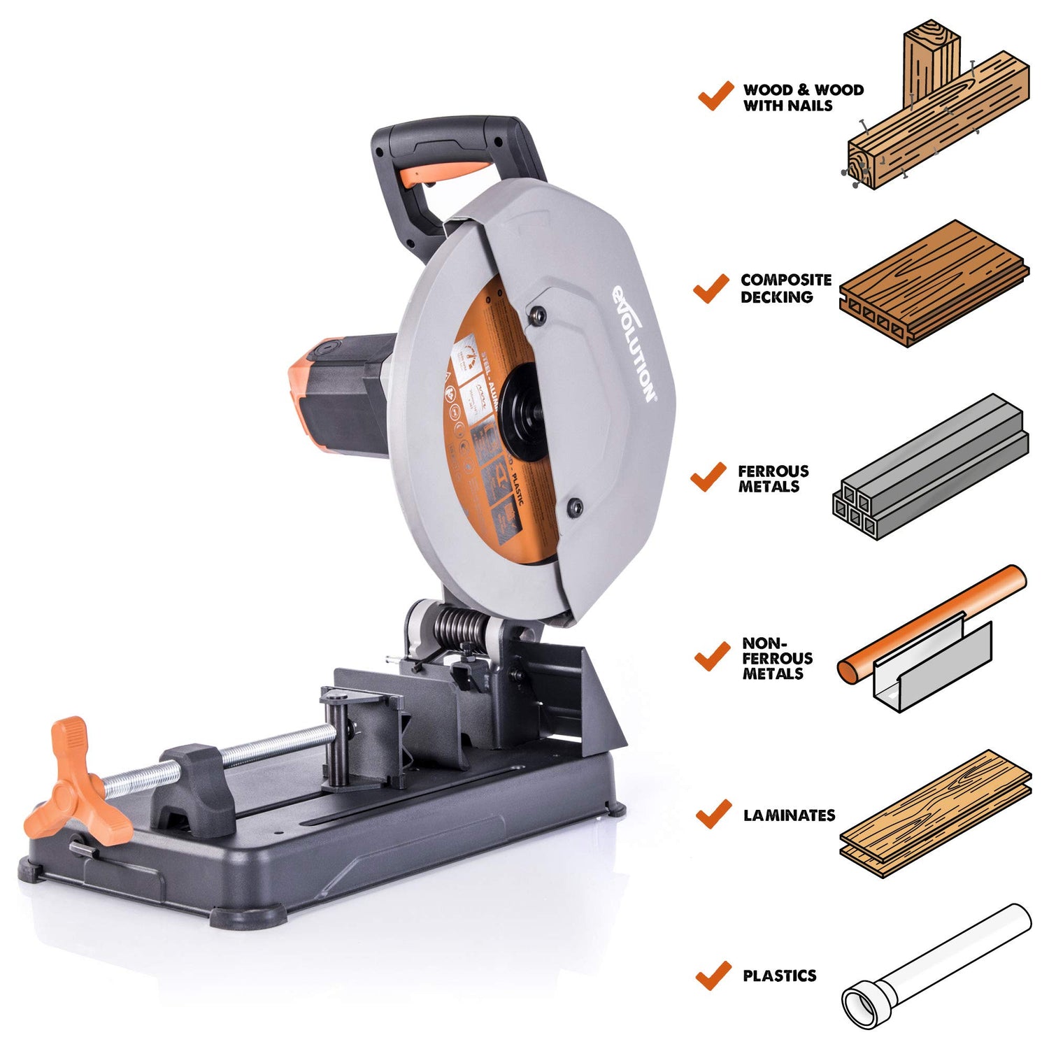 Evolution Power Tools R355CPS 14-Inch Chop Saw Multi Purpose, Multi-Material Cutting Cuts Metal, Plastic, Wood & More Miter Cut up to 45˚ Degrees TCT Evolution