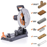 Evolution Power Tools R355CPS 14-Inch Chop Saw Multi Purpose, Multi-Material Cutting Cuts Metal, Plastic, Wood & More Miter Cut up to 45˚ Degrees TCT Evolution