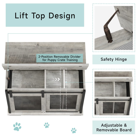IDEALHOUSE 37'' Dog Crate Furniture Side End Table with Flip Top and Movable Divider, Wooden Dog Crate Table Large, Style Dog Kennel Side End Table IDEALHOUSE
