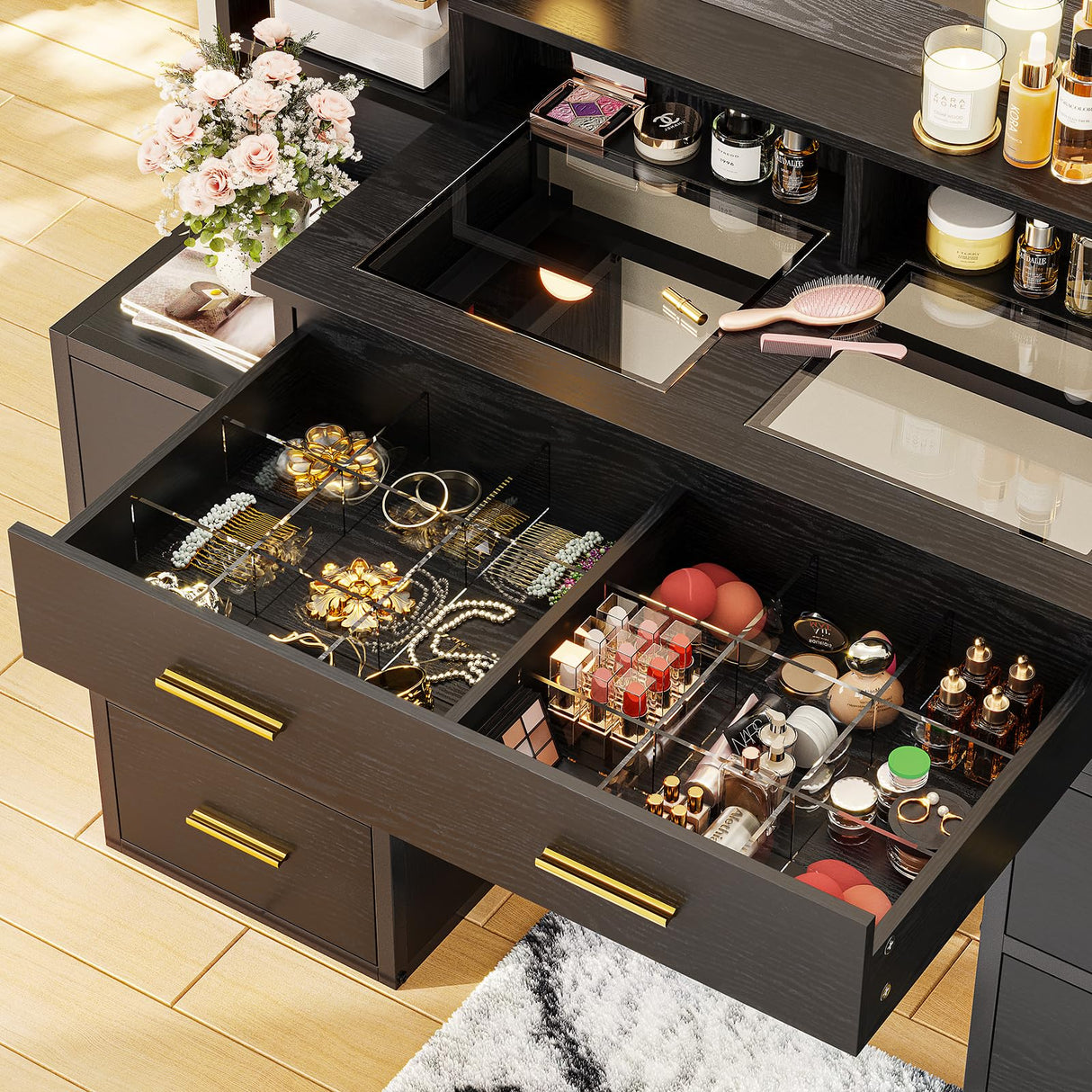 HAUOMS Glass Top Makeup Vanity with Mirror and Lights, Vanity Desk with Power Strip & 10x Magnifying Mirror, Vanity Table with Compartment Stoarge HAUOMS