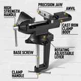 Dual-Purpose Combined Universal Vise 360° Swivel Base Work, Bench Vise or Table Vise Clamp-On with Quick Adjustment, 3.3" Movable Home Vice for STEINBRÜCKE