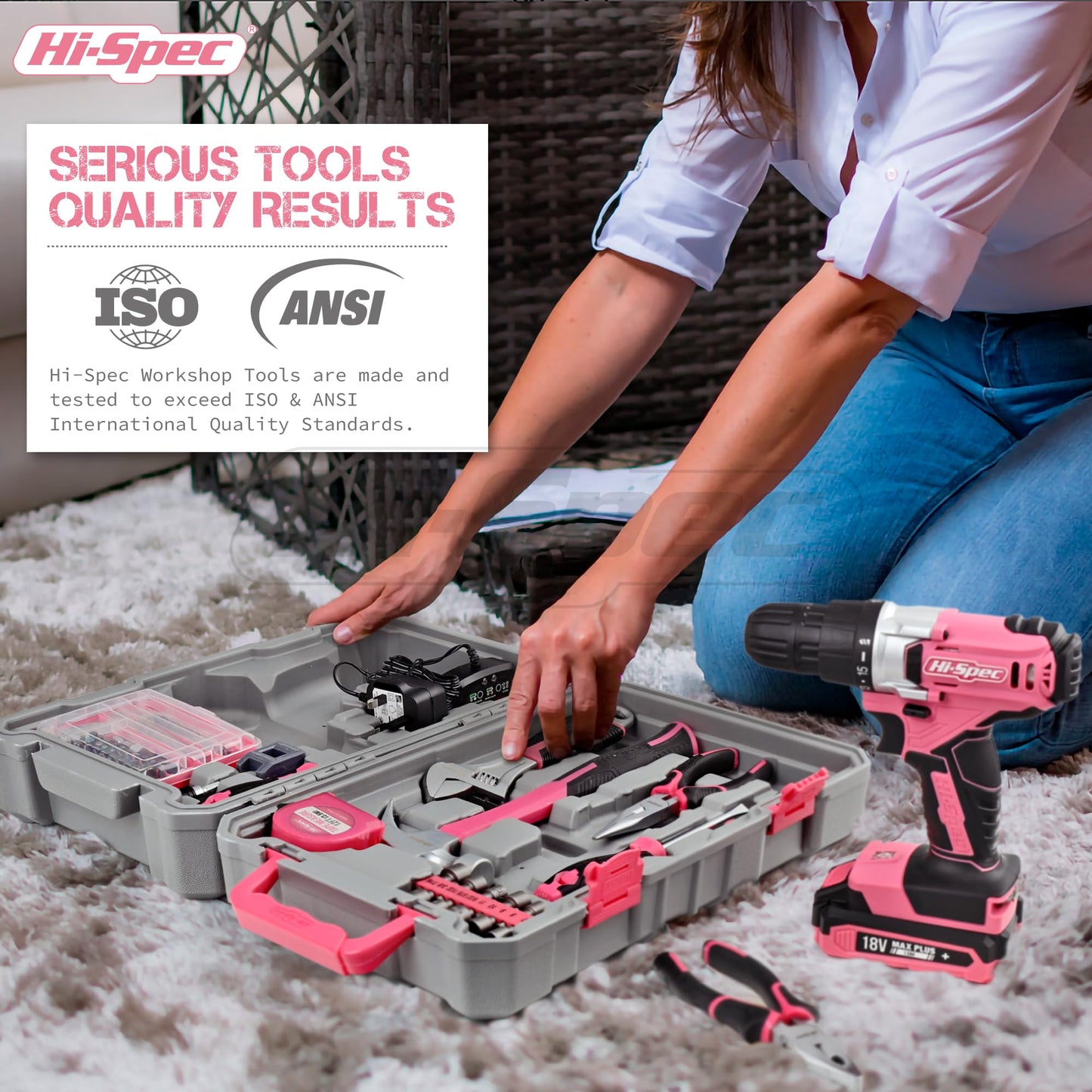 Hi-Spec 81pc Pink 18V Cordless Power Drill Driver. Complete Home & Garage Hand Tool Kit Set for DIY - WoodArtSupply