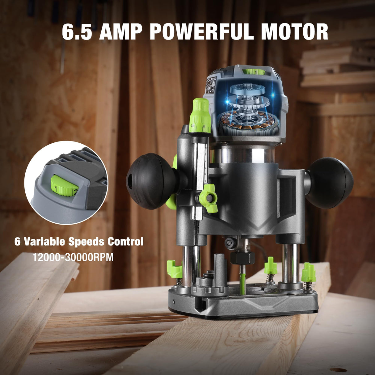 WORKPRO Compact Router Combo Kit, 6.5 Amp Compact Router Fixed Base & Plunge Router for Woodworking Slotting Trimming, 6 Variable Speeds to 32000 RPM WORKPRO