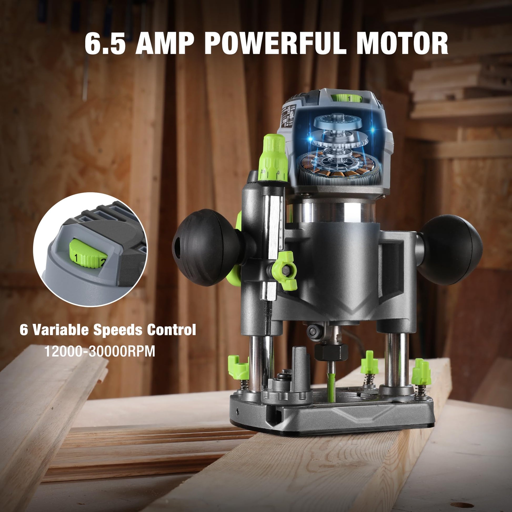 WORKPRO Compact Router Combo Kit, 6.5 Amp Compact Router Fixed Base & Plunge Router for Woodworking Slotting Trimming, 6 Variable Speeds to 32000 RPM - WoodArtSupply