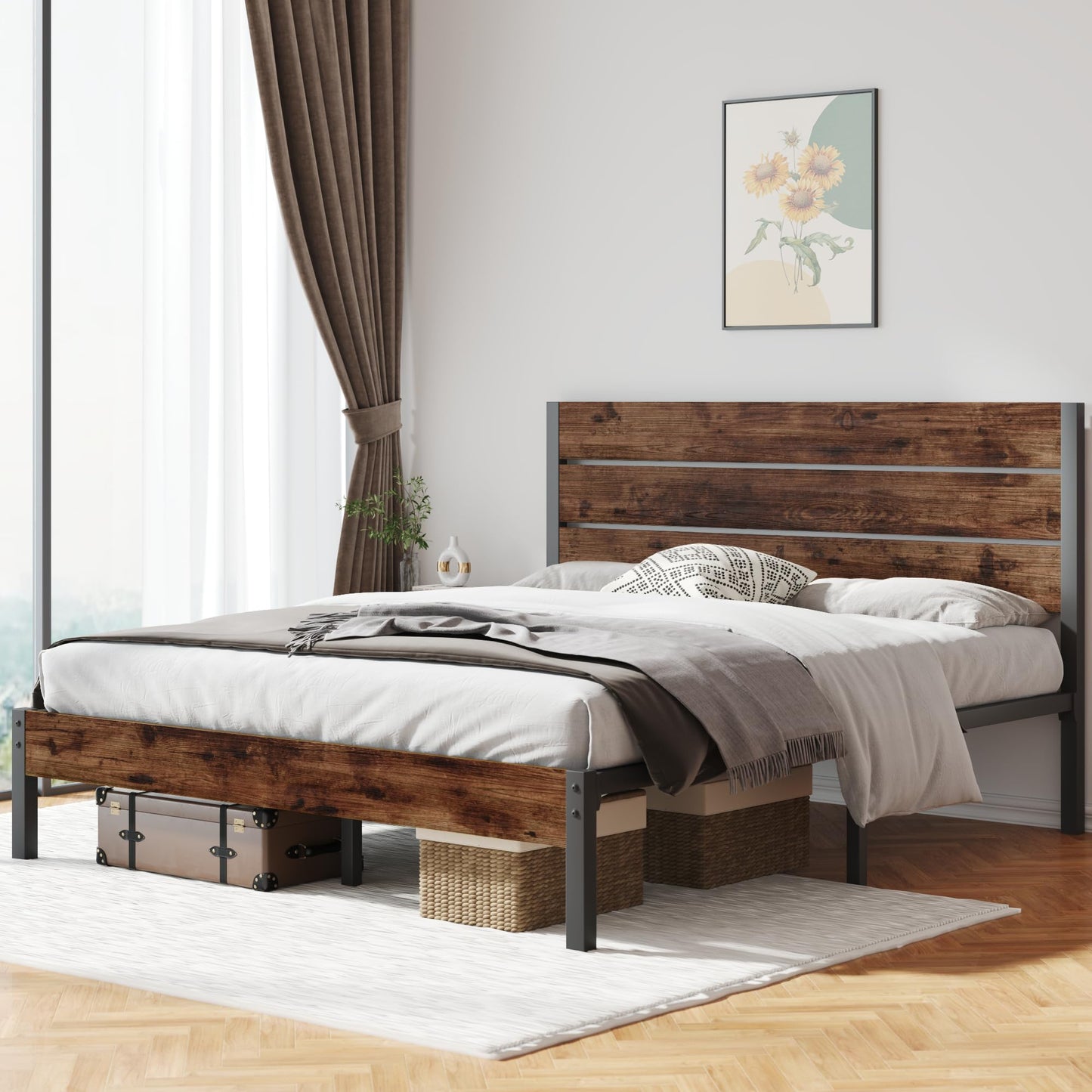 Fluest Queen Bed Frame with Headboard and Footboard, with Under Bed Storage, All-Metal Support System, No Box Spring Needed, Easy Assembly,Rustic