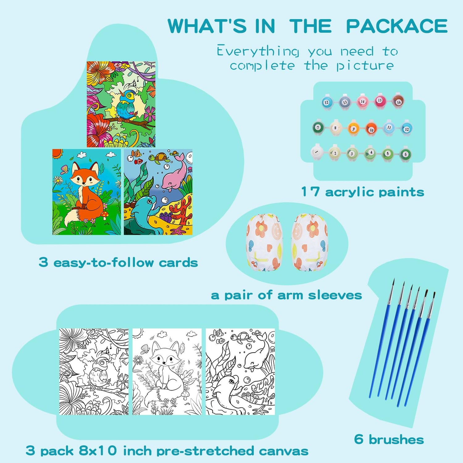 Volmop 3 Pack Paint by Numbers for Kids Ages 8-12,10 * 8" Color by Number for Kids Framed Canvas with 17 Acrylic Paints and 6 Brushes, Kids'Paint by Volmop