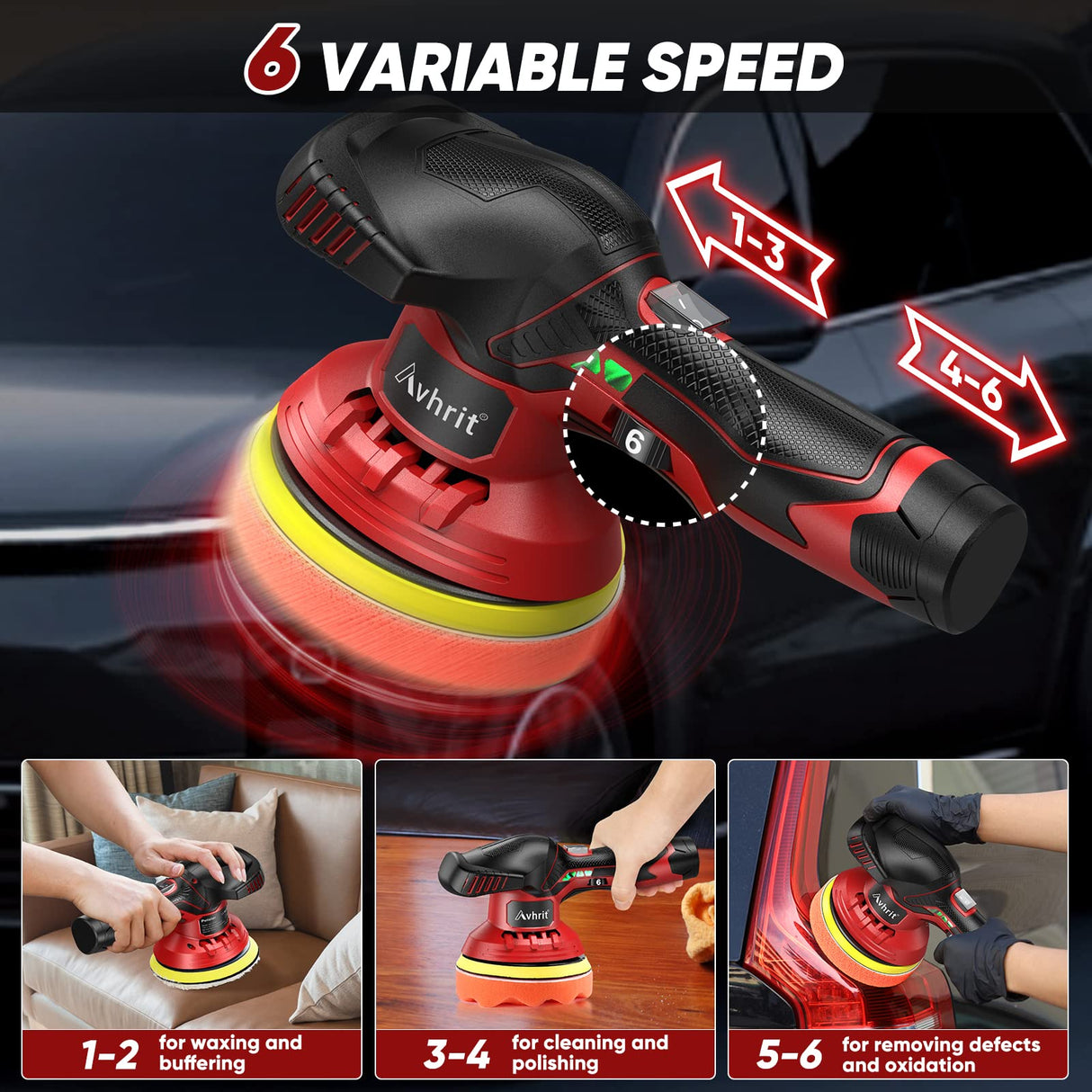 Avhrit Cordless Car Buffer Polisher kit w/ 2x2000mAh 12V Batteries, 6 Inch Car buffer Waxer Kit w/ 6 Variable Speed & Extra 26 PCS Attachments, Avhrit