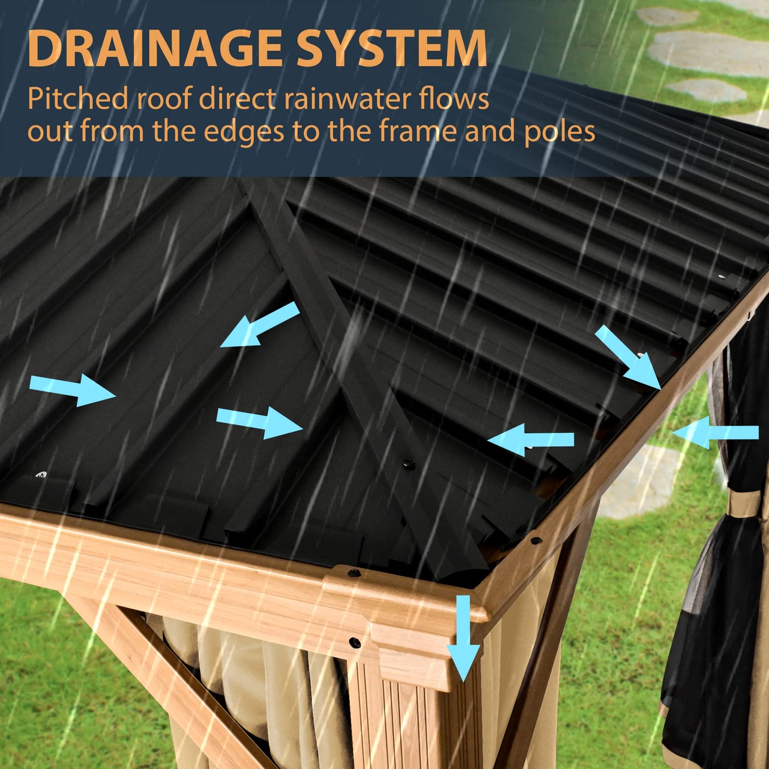 HAPPATIO 10' x 12' Hardtop Gazebo, Outdoor Wood Grain Frame Aluminum Gazebo with Galvanized Steel Double Roof，Patio Gazebo Canopy with Netting and HAPPATIO