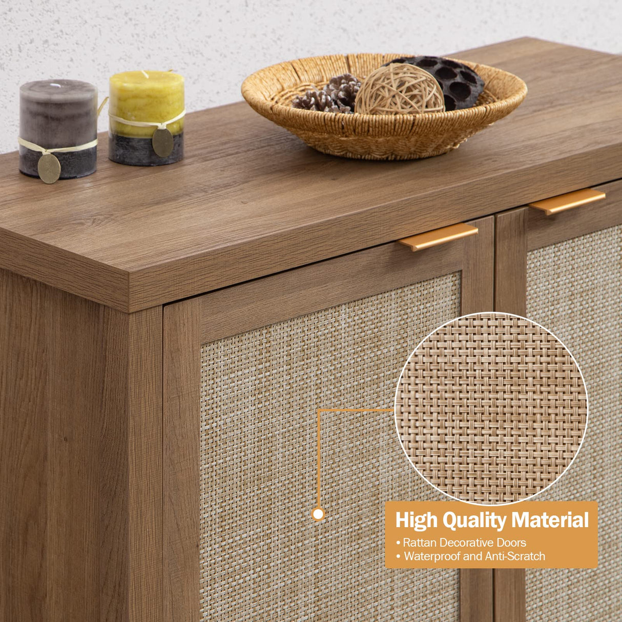 SICOTAS Sideboard Buffet Coffee Bar Cabinet - Boho Rattan Credenza Cabinet with Storage Rattan Decorated Doors - 3 Pieces Farmhouse Kitchen Storage SICOTAS