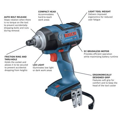 BOSCH GDS18V-221N 18V EC Brushless 1/2 in. Impact Wrench with Friction Ring and Thru-Hole (Bare Tool) - WoodArtSupply