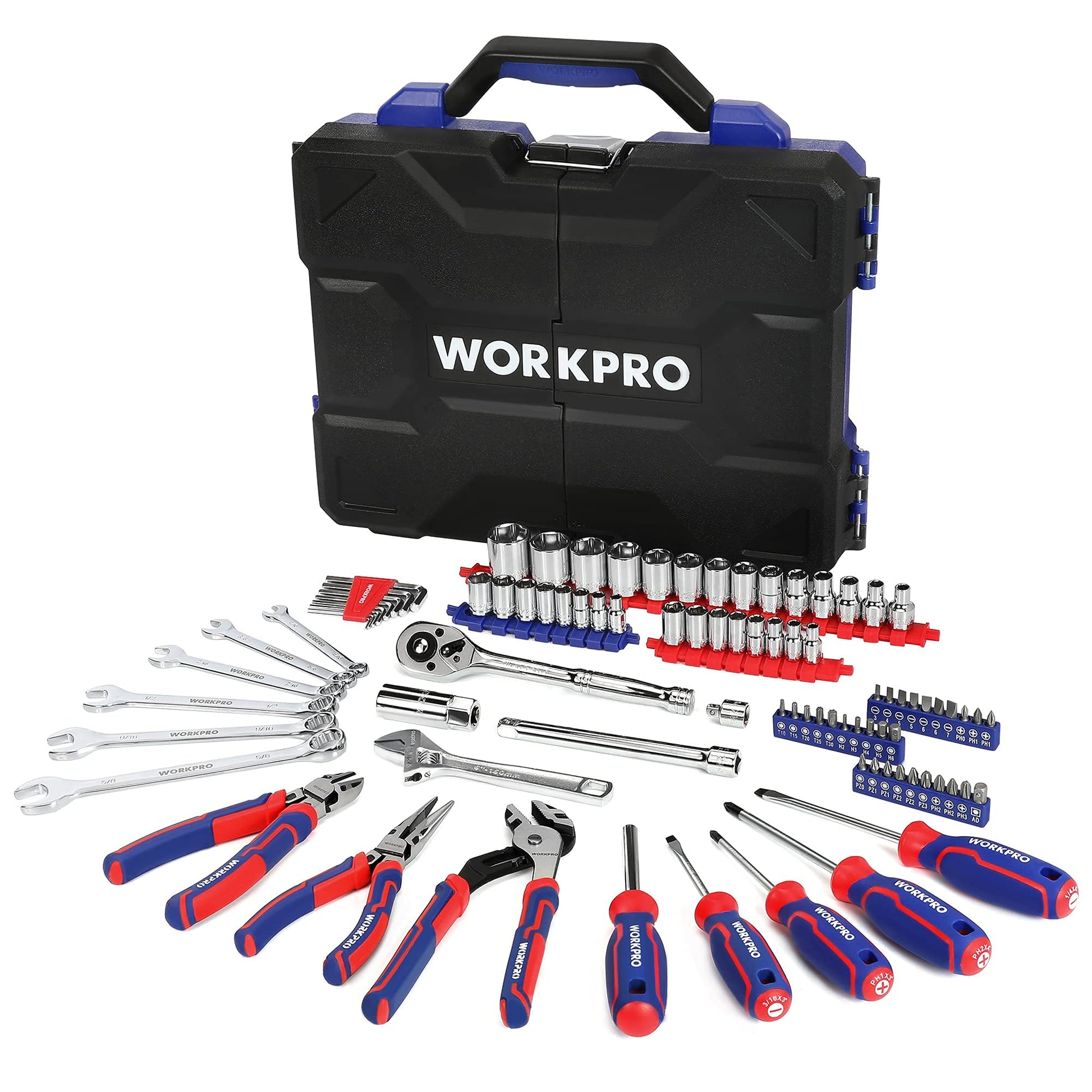 WORKPRO 87 Piece Household Hand Tool Kit, General Auto Repair Tool Set with Pliers, Screwdrivers, Sockets, Wrenches and Toolbox Storage Case, - WoodArtSupply