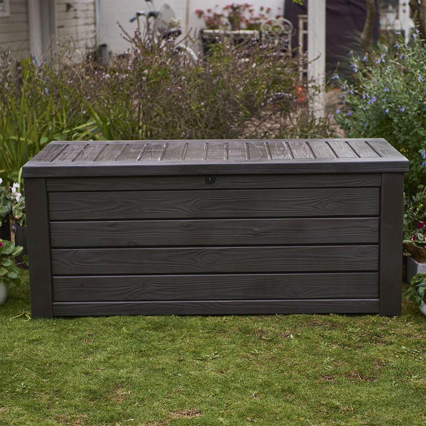 Keter Westwood 150 Gallon Plastic Backyard Outdoor Storage Deck Box for Patio Decor, Furniture Cushions, Garden Tools, & Pool Accessories, Espresso