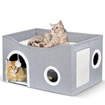 Heeyoo Cat House for Indoor Cats - Large Cat Bed Cave with Fluffy Ball and Scratch Pad, Foldable Cat Condos, Cat Cubes, Cat Hideaway, Covered Cat Bed - WoodArtSupply