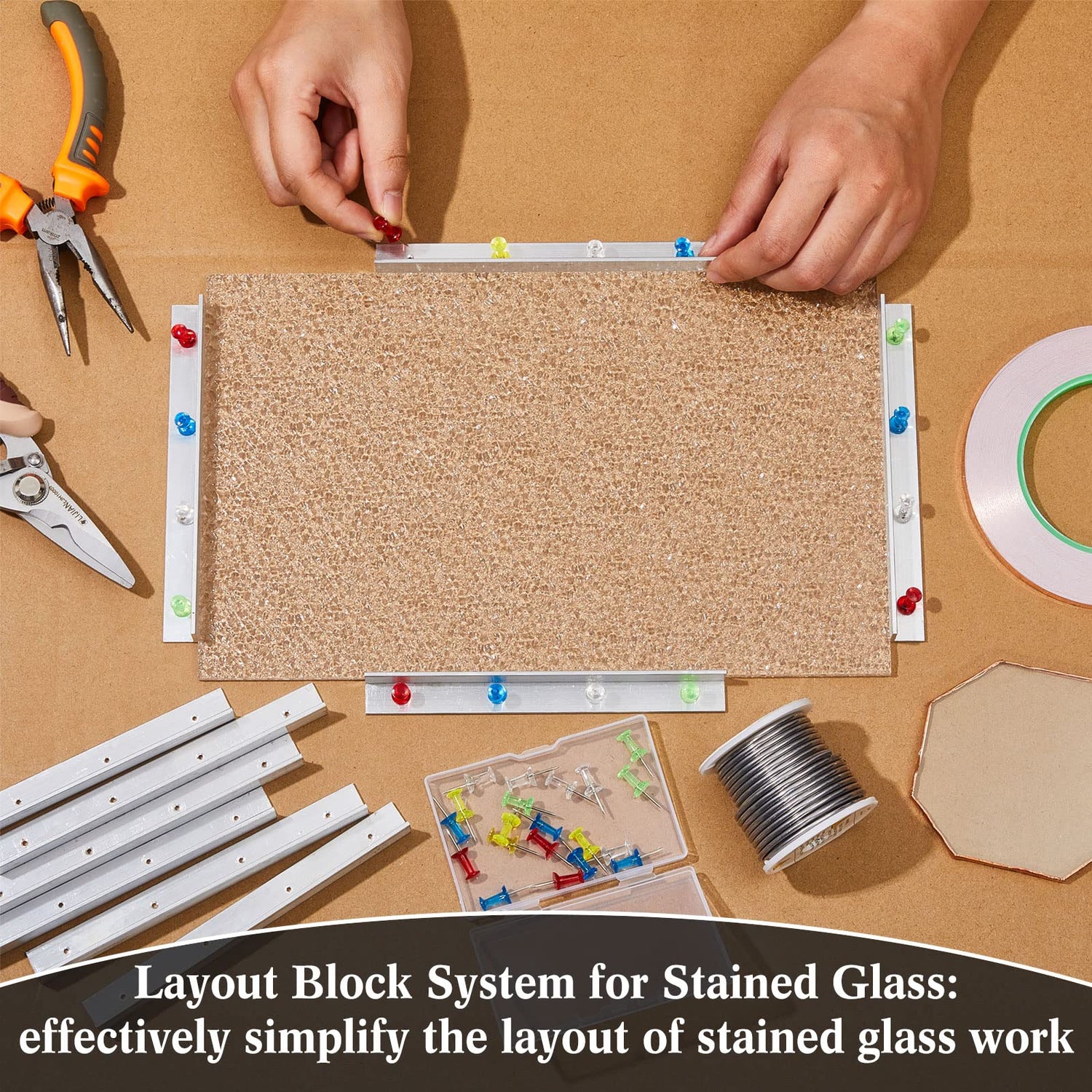58 Pcs Stained Glass Supplies Glass Cutter Kit Including 8 Pcs Layout Block System 2 Pcs Class Running Breaking and Heavy Duty Glass Cutting Tool 2 Spakon