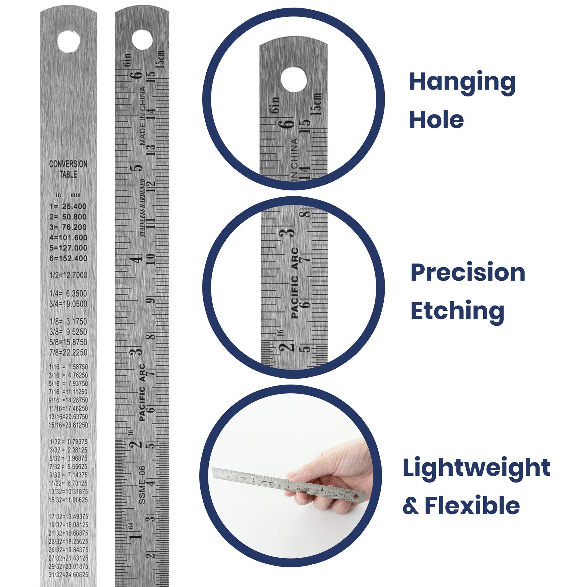 Pacific Arc 6 Inch Stainless Steel Ruler with Inch/Metric Conversion Table, 2 Pack - WoodArtSupply