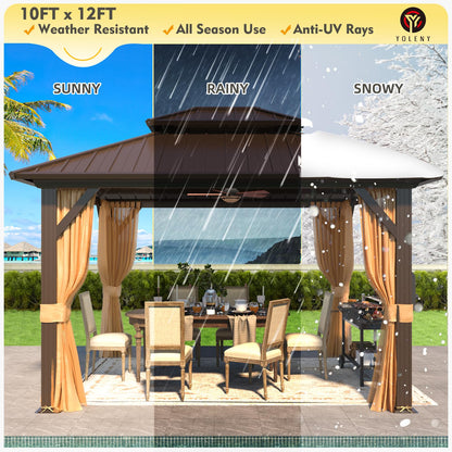 YOLENY 10' x 12' Hardtop Gazebo, Metal Gazebo with Aluminum Frame, Double Galvanized Steel Roof, Curtains and Netting Included, Pergolas for Patios,