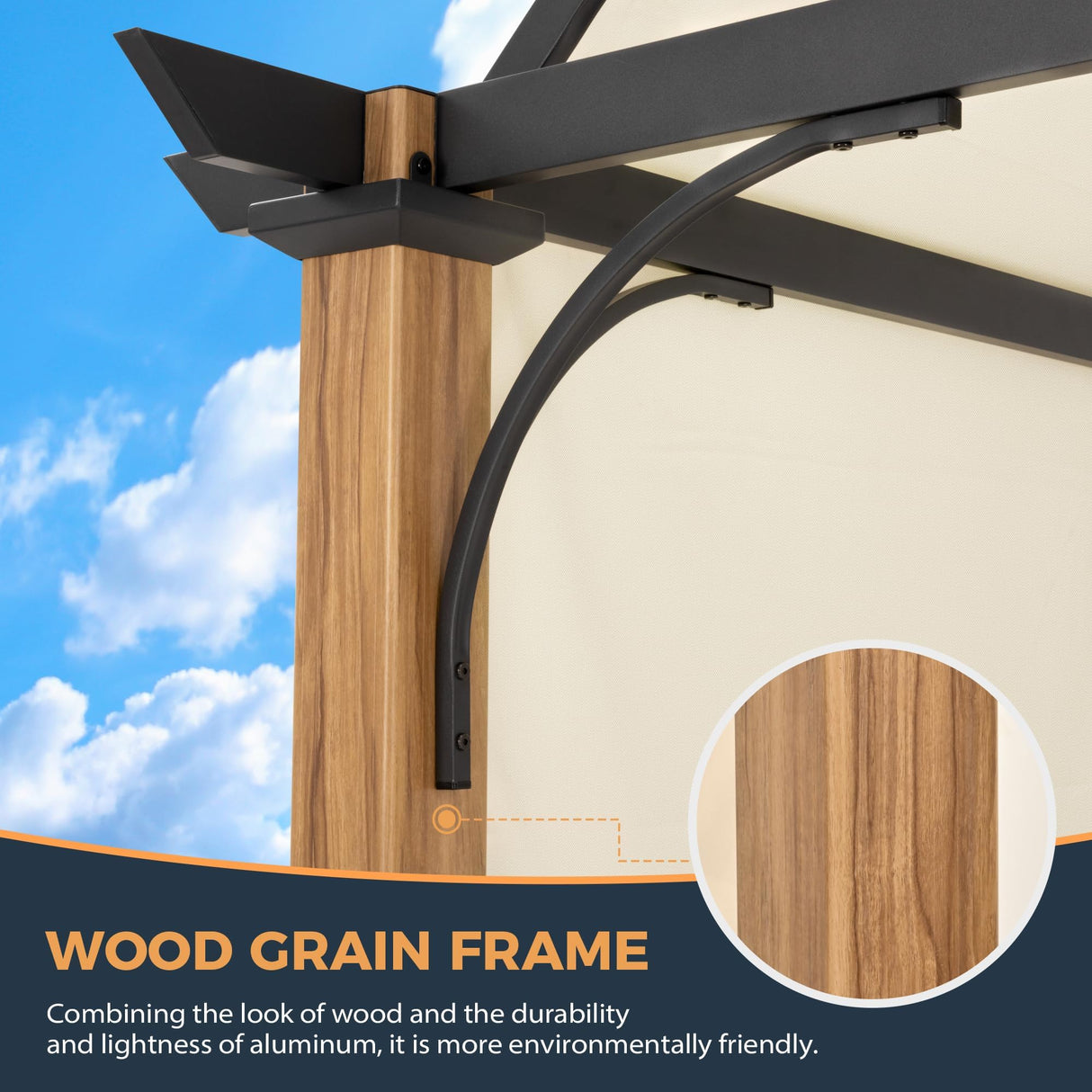 HAPPATIO 10' X 13' Outdoor Pergola with Sling Retractable Pergola Canopy, Wood-Like Aluminum Patio Pergola Shade for Patio, Backyard, Garden,Poolside HAPPATIO