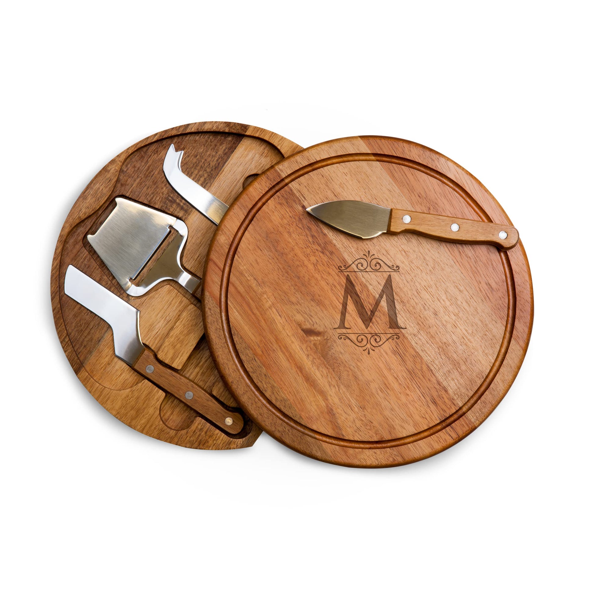 TOSCANA - a Picnic Time brand Personalized Monogram Initials Acacia Circo Cheese Cutting Board & Tools Set, 10.2 x 10.2 x 1.6, Letter M - WoodArtSupply