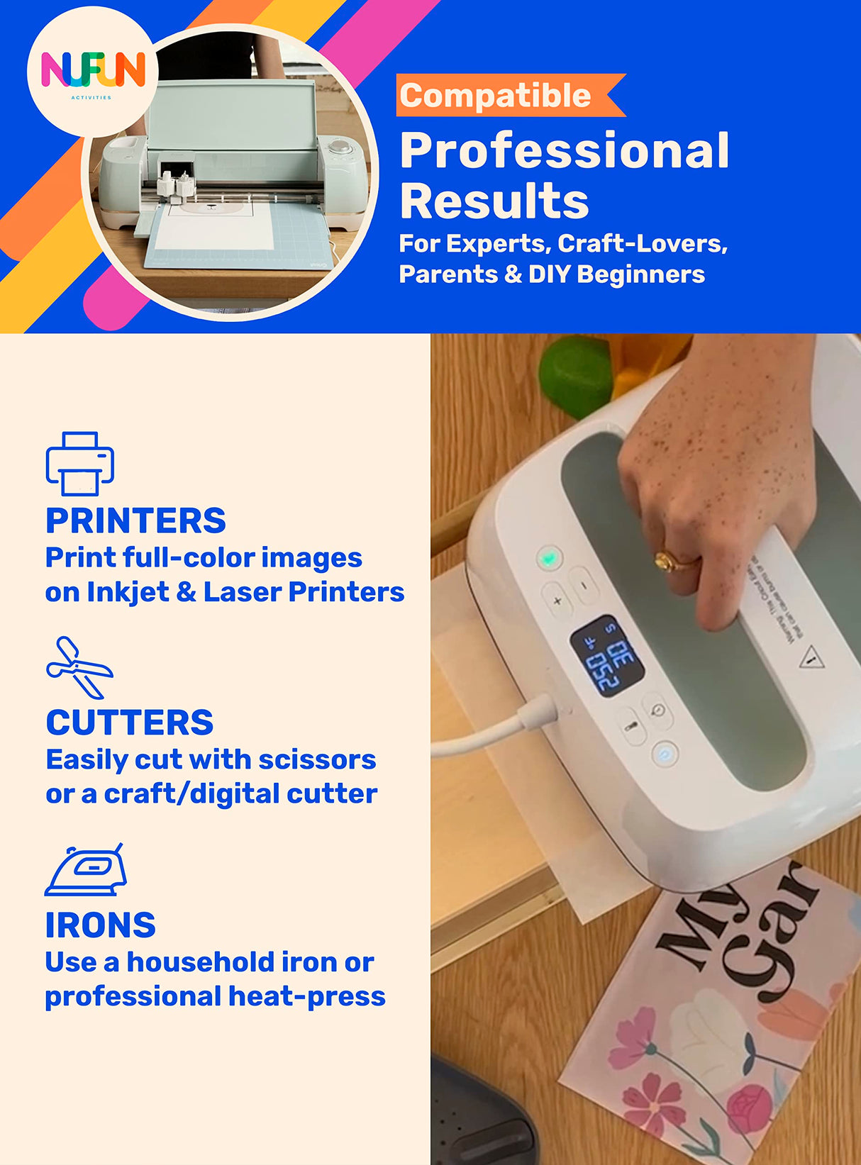 NuFun Activities Printable Iron-on Heat Transfer Paper for Wood, 5 Sheets 8.5 x 11 inch, Long Lasting, Durable, Professional Quality, Easy DIY, NuFun Activities