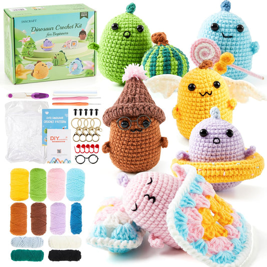 INSCRAFT Crochet Kit for Beginners, 6 Pack Dinosaurs Crochet Animal Kit,Starter Kit with Step-by-Step Video Tutorials, Learn to Crochet Kits for - WoodArtSupply